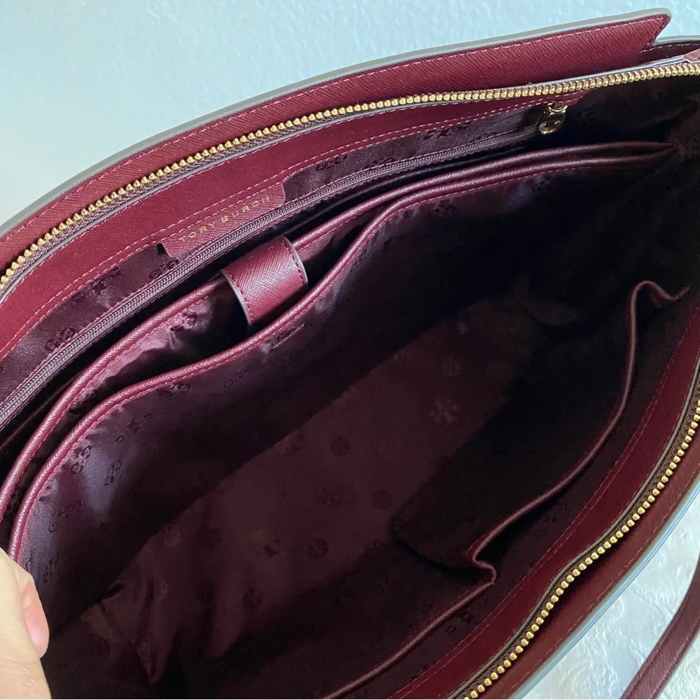 Tory Burch burgundy Saffiano leather Top Zip Tote Bag